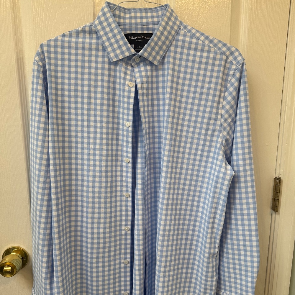 Mizzen+Main Leeward Dress Shirt Mens Large Light Blue Gingha Classic Fit Stretch